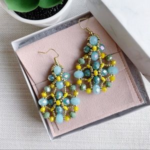 Handmade gold, yellow, blue and green crystal beaded earrings